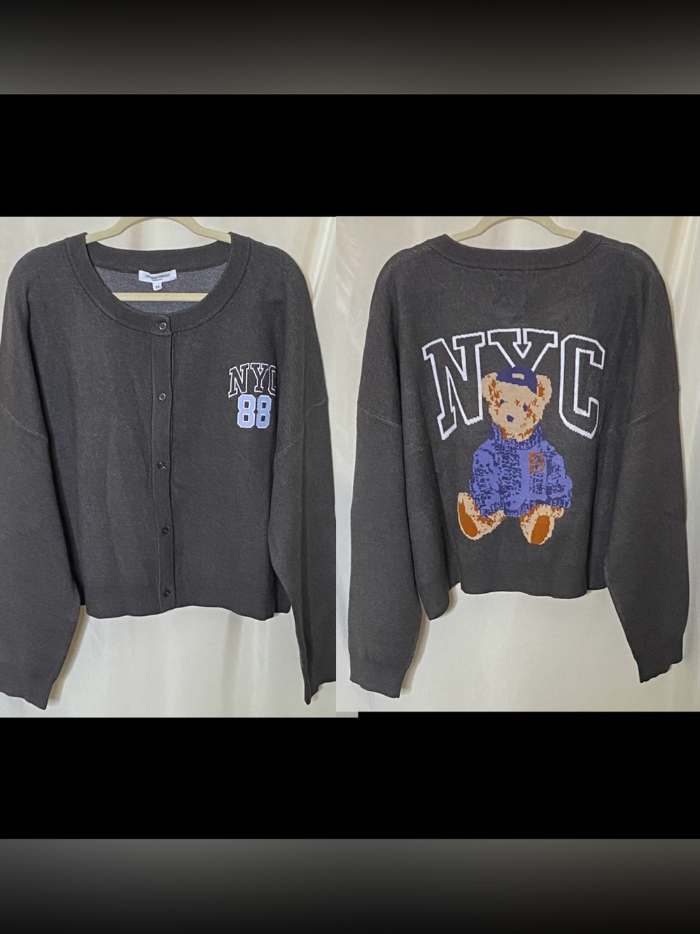 NWT Grayson Threads Gray NYC Bear Graphic Cropped Oversized Cardigan Sweater